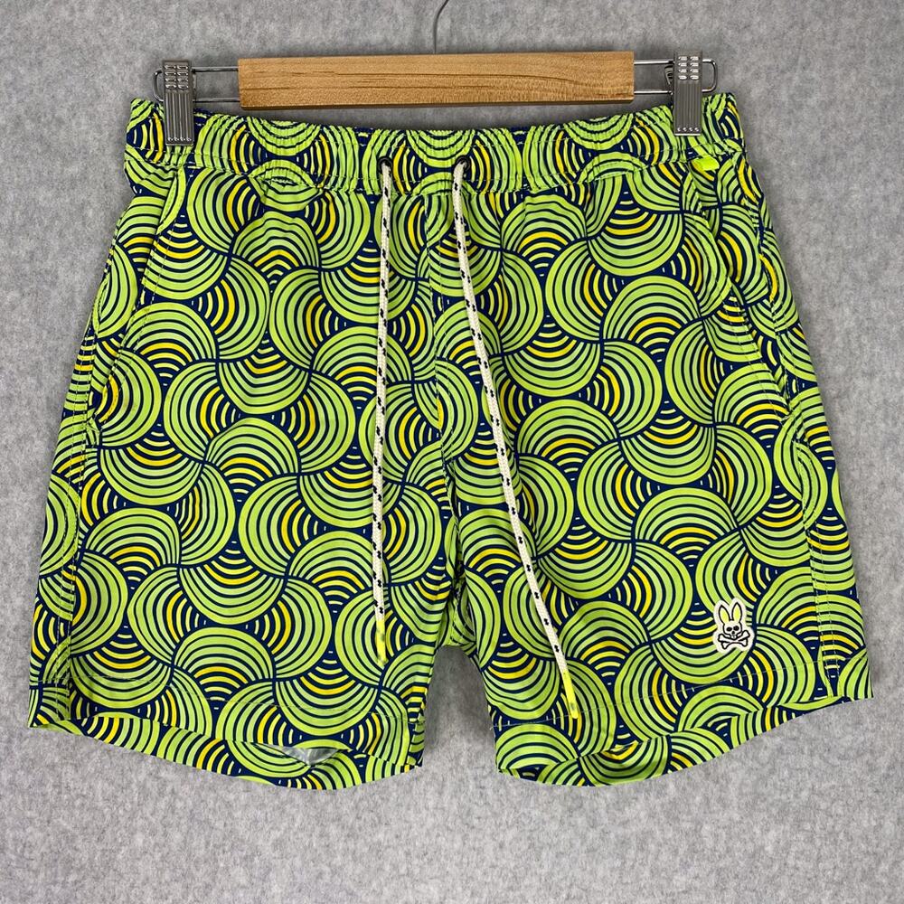 Psycho Bunny Shorts Men XS Lime Freeze Green Corton Pattern Swim Trunks